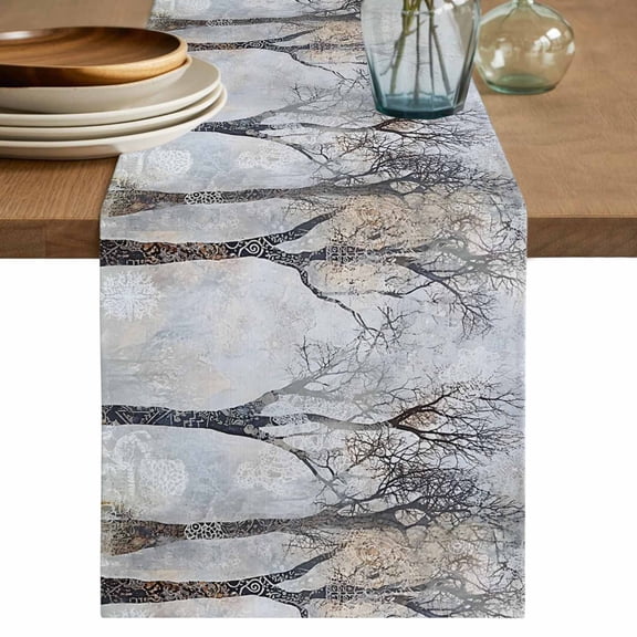 Boho Grey Tree Table Runner, Vintage Watercolor Trunk Branch Washable Cotton Linen Table Runners 72 Inches Long, Dresser Scarf Runner for Dining Tables/TV Stands/Coffee/Cabinets 18''x72''
