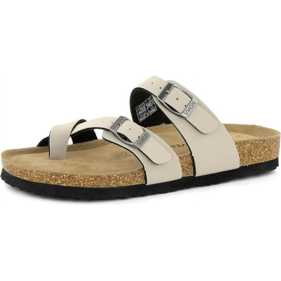 VENECORE Arena Women's Cork Footbed Sandals Summer Comfortable Cushioned Slide Flat Slip-on, Stone, US 9M