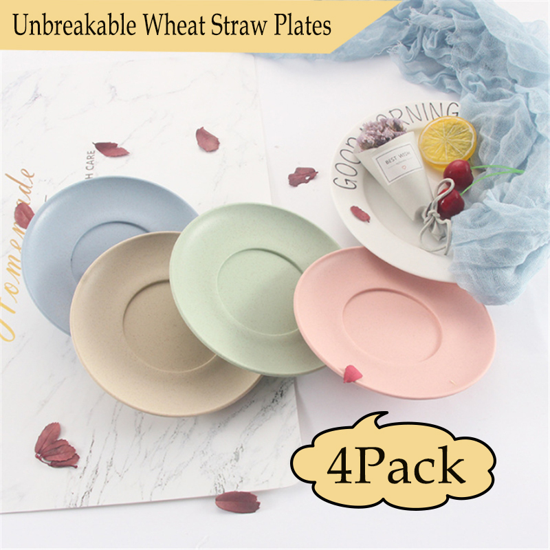 LNKOO 6 Inch Wheat Straw Flat Plastic Plates (Set of 4 Dinner Plates