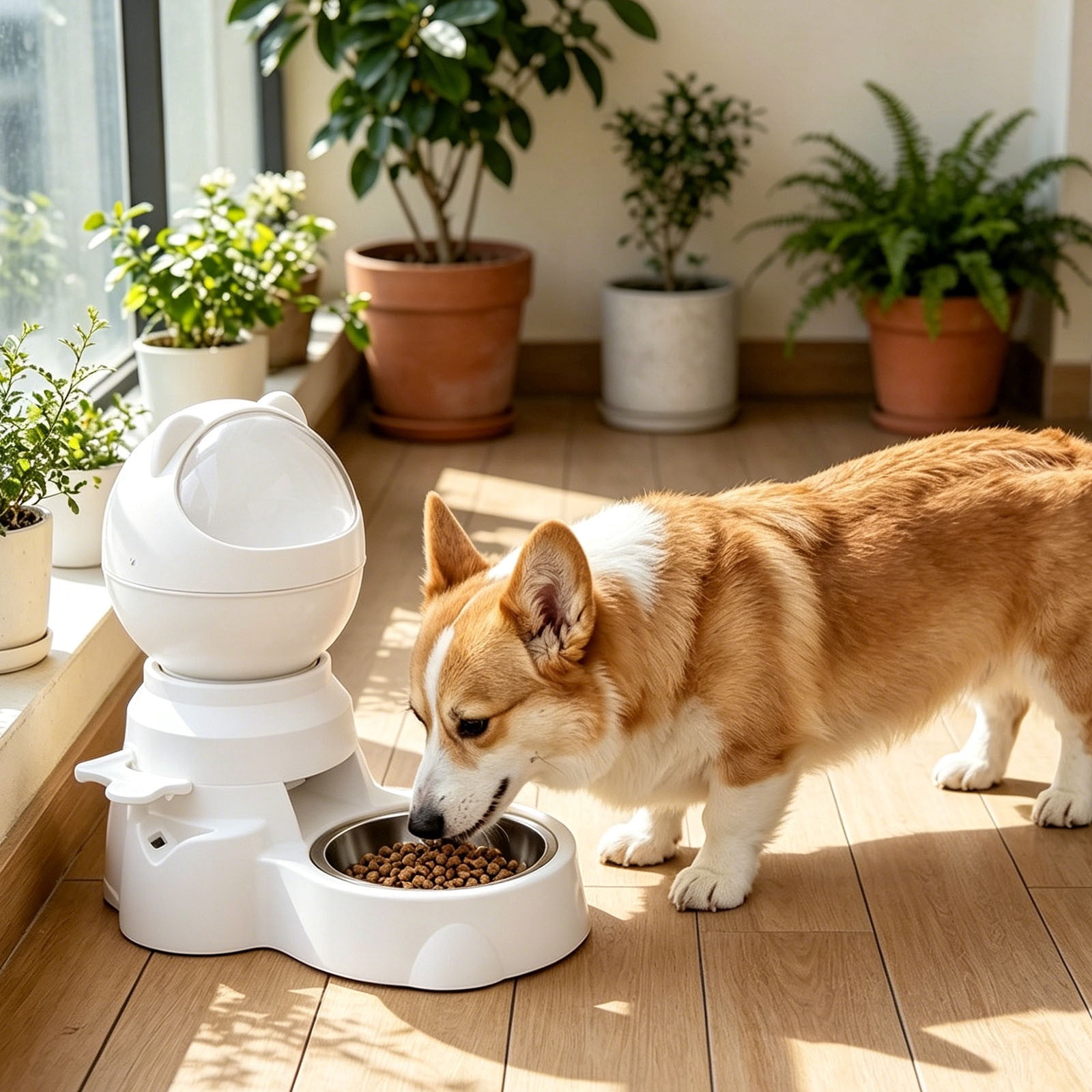 Automatic Pet Feeder 2-in-1 Automatic & Push Button Slow Food Dispenser with Stainless Steel Bowl Interactive Slow Feeder for Dogs Cats Healthy Eating