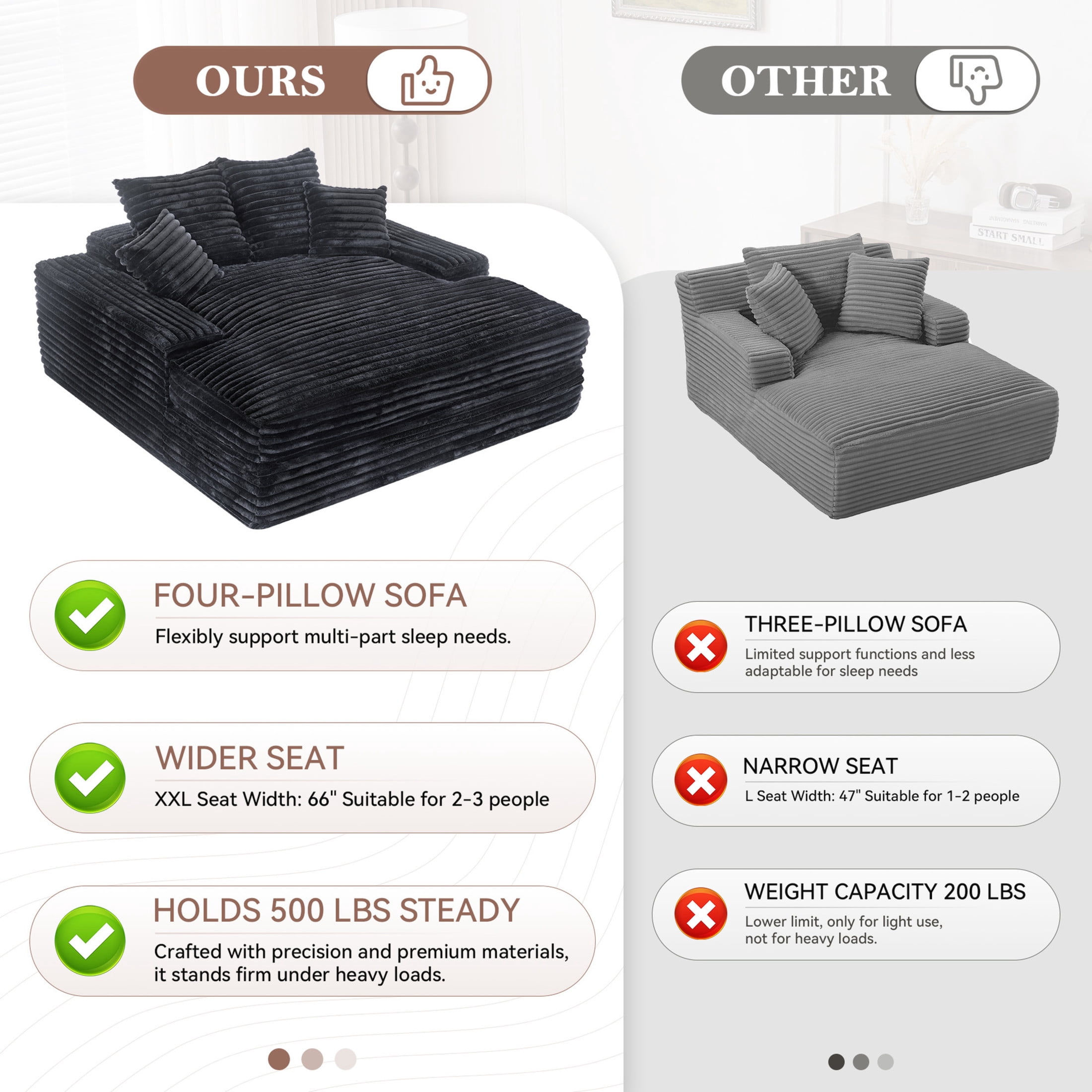 Noble House Heliox 68" Oversized Chaise Lounge Chair, Plush Corduroy Sleeper Sofa Bed with Removable Pillows, Gray