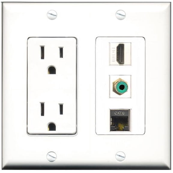 RiteAV - 15 Amp Power Outlet 1 Port HDMI 1 Port RCA Green 1 Port Shielded Cat6 Ethernet Ethernet Decorative Wall Plate