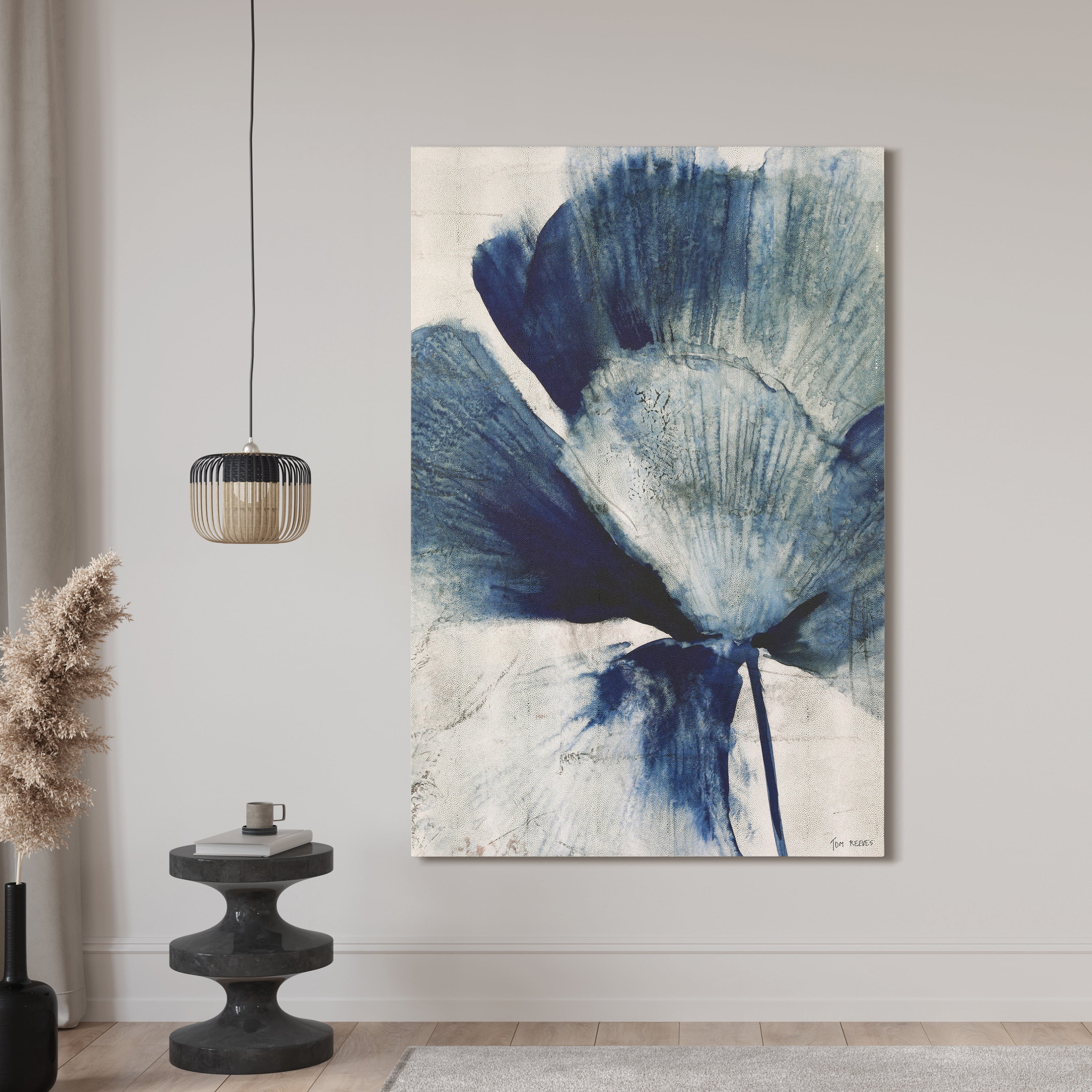 "Azure Bloom", Blue Flower Rendered on Gold Shagreen Wrapped Canvas Wall Art, sized 60"x40"