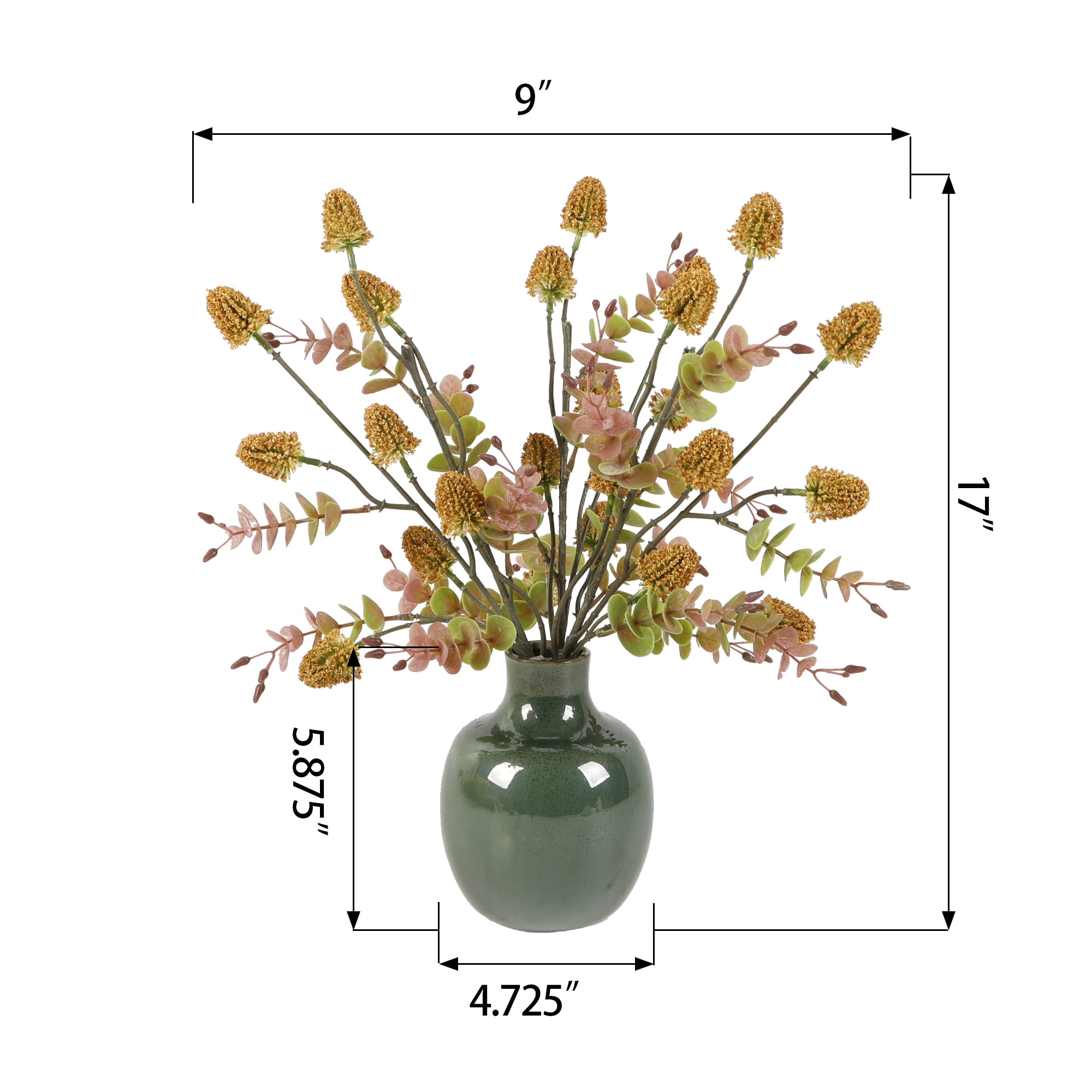 Flora Bunda 17 Artificial Thistle and Fall Leaf Arrangement in Green  Ceramic Vase 