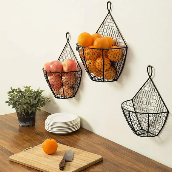 3-Piece Iron Wire Hanging Baskets - Hand-Crafted Open Weave Storage for Fruits, Vegetables & Dry Goods, Contemporary Metal Design for Kitchen Organization