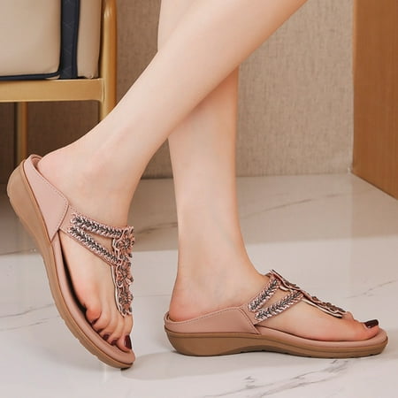 

XIAQUJ Dropshipping Flower Beaded Ladies Shoes Wedge Heel Flip Flops Fashion Casual Soft Slides Big Size Outdoor Slippers Women Sandals for Women Pink 8.5(41)