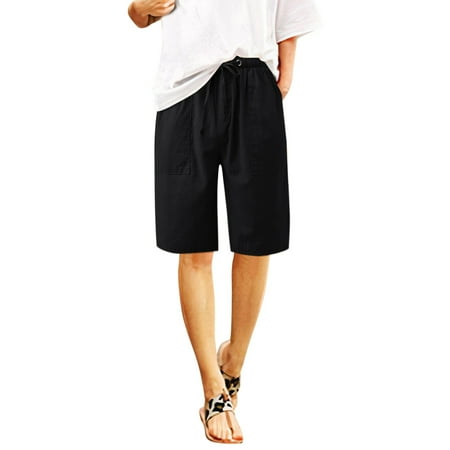 TOWED22 Women s Linen Bermuda Shorts Knee-Length Bermuda Casual Shorts with Elastic Waist Drawstring（Black L）
