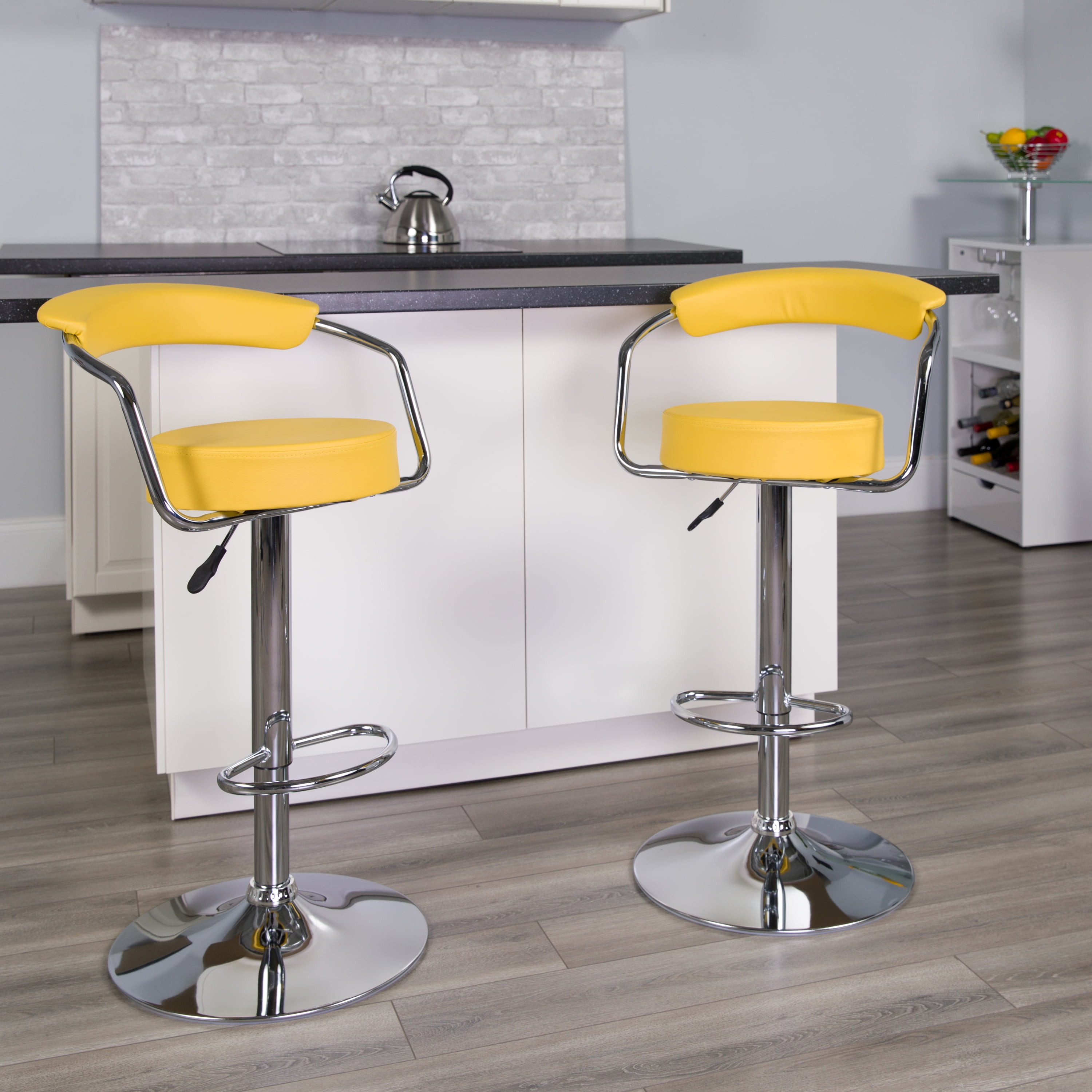 Contemporary Tufted Yellow Vinyl Adjustable Height Bar Stool with Chrome Base 