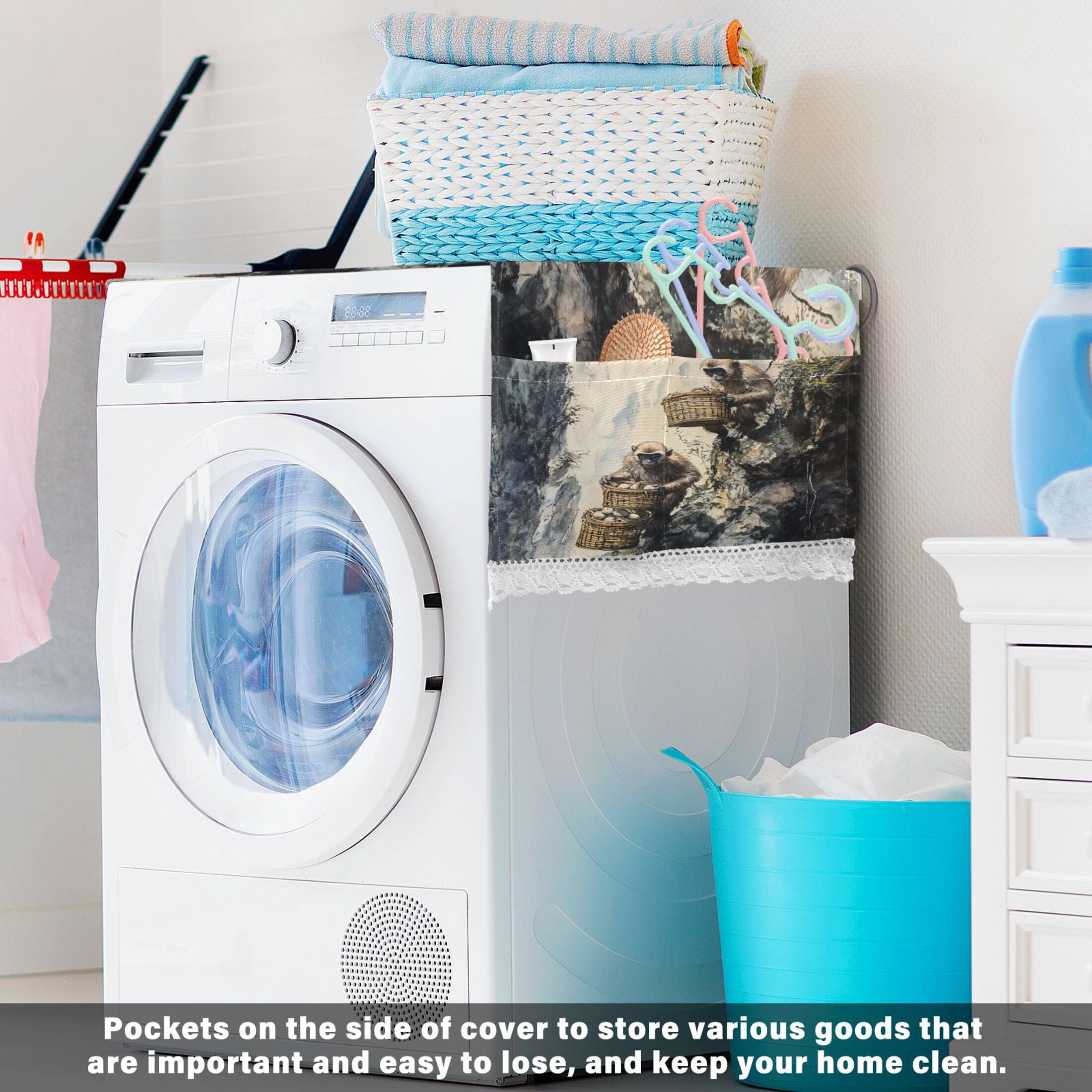 Spirit MonkeysWasher and Dryer Covers Dust-Proof and Oil Resistant Fridge Cover with 4 Storage Pockets Washing Machine Top Cover for Laundry Kitchen Home 51.2 x 22 In