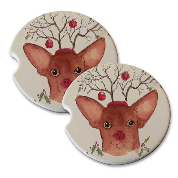 KuzmarK Sandstone Car Drink Coaster (set of 2) - Red-Nose Reindeer Chiahuahua Christmas Dog Art by Denise Every