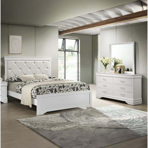 Modern Crisp White Finish 3pc Queen Size Luxurious Bed Dresser Mirror Set