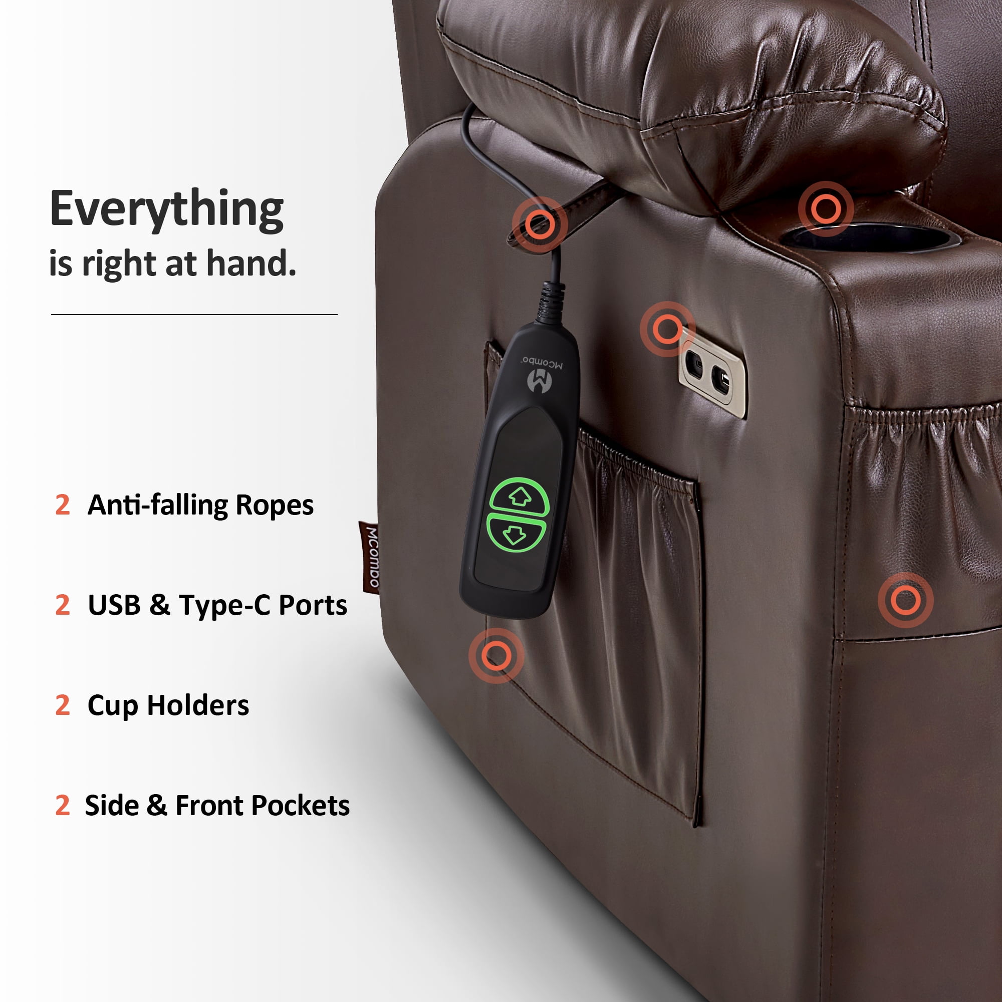 MCombo Electric Power Lift Recliner Chair Sofa with Massage and Heat for Elderly, 3 Positions, 2 Side Pockets, and Cup Holders, USB Ports, Faux Leather 7141 Dark Brown, Small