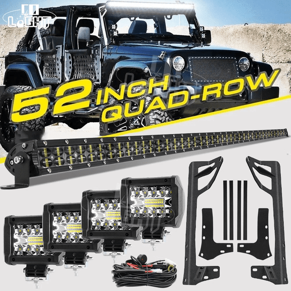 Colight Dual Row 52 Inch LED Light Bar Spot Flood Combo Beam with 4pcs 48W Spot Pods & A-pillar Mounting Bracket for Wrangler JK 2007-2017