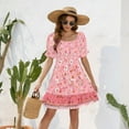 thumbnail image 6 of Summer Saving Wycnly Womens Dresses Beach Holiday Vintage Bohemian Floral Elastic Waist Ruffle Swing Midi Sundress Summer Daisy Print Square Neck Short Sleeve Formal Knee-Length Dress Pink XXL, 6 of 7