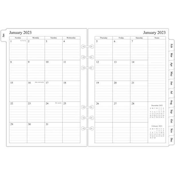 2023 Monthly Planner Refill for A5 Binder, Two Page Per Month, January