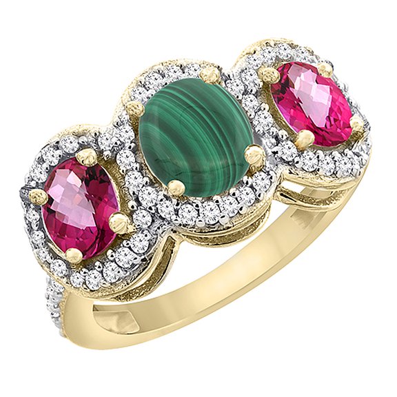 14K Yellow Gold Natural Malachite & Pink Topaz 3-Stone Ring Oval Diamond Accent, size 10