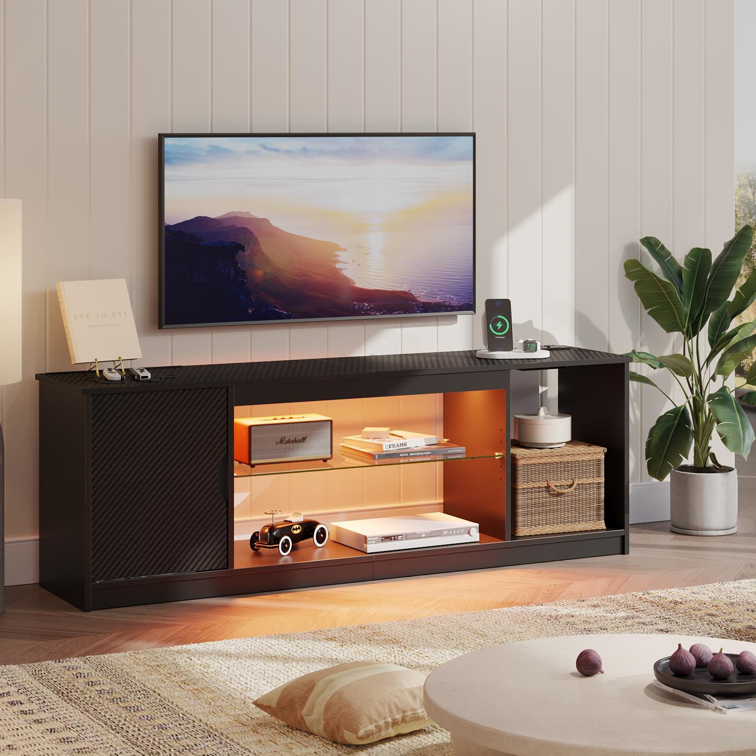 Bestier LED TV Stand for TVs up to 65", Entertainment Center with Power Outlet & Storage Cabinet, Carbon Fiber