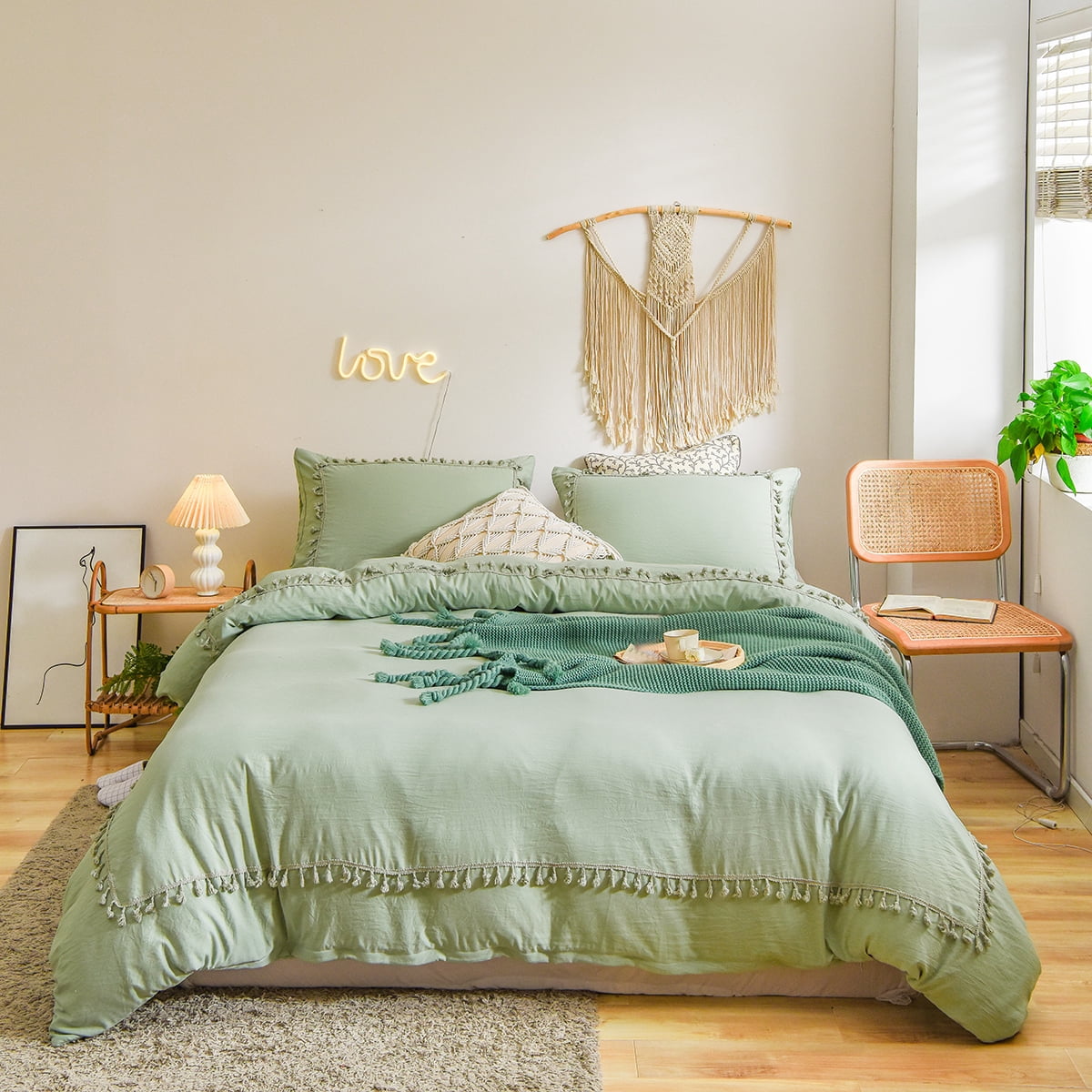 Move Over Green Tufted Tassel Bedding Set Solid Color Pattern Green Macrame Duvet Cover Set King No Filling