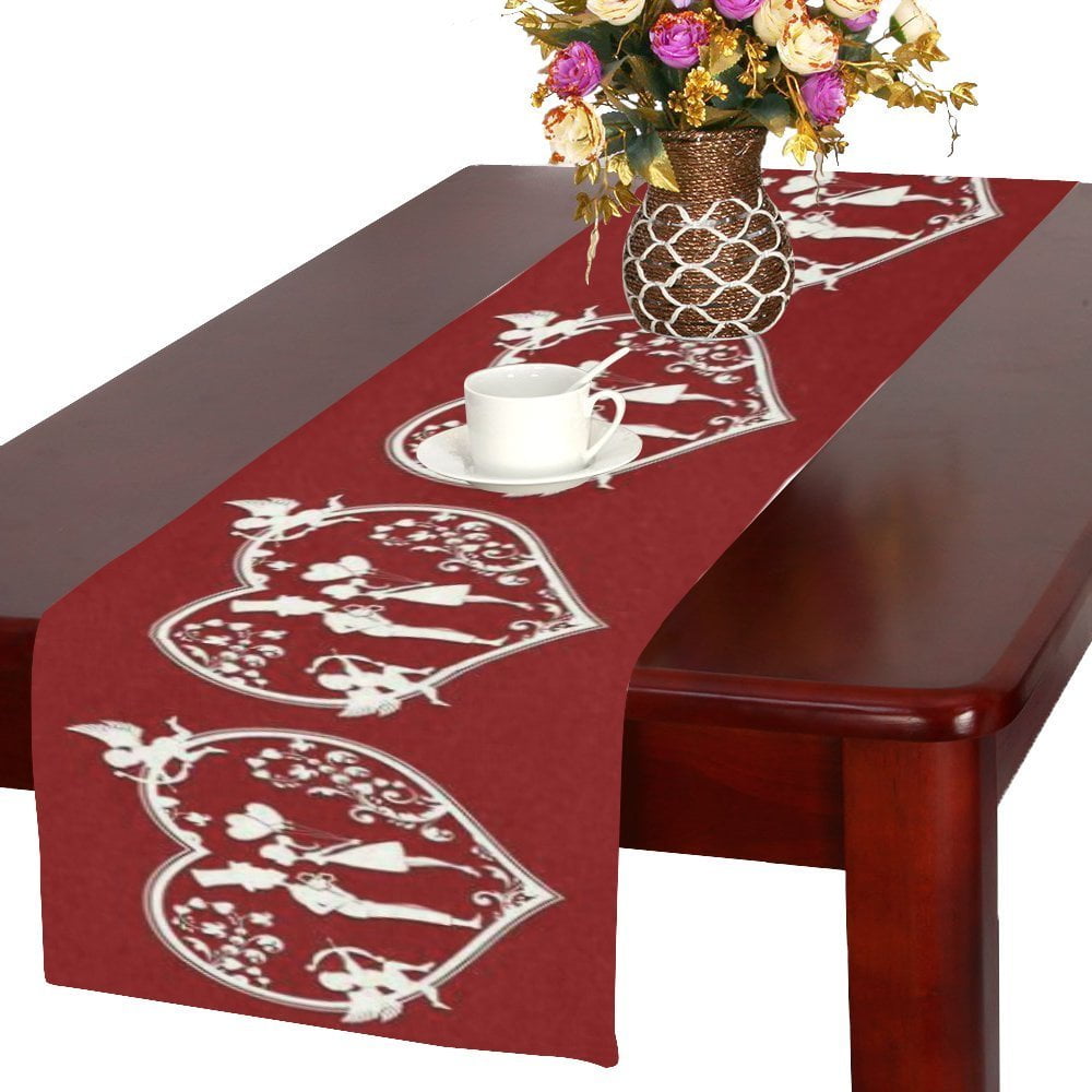MYPOP Red Love Hearts with Cupids Table Runner Placemat 16x72 inches, Valentine Wedding Couple