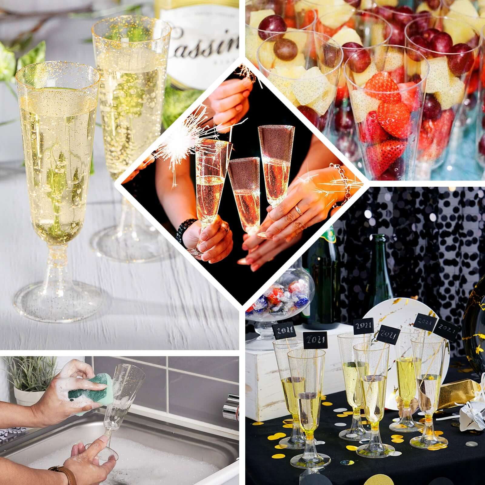 Efavormart 60 Pack 5oz Gold Plastic Disposable Champagne Glasses Flutes, Short Stem Glitter Sprinkled Trumpet Design | Detachable Base