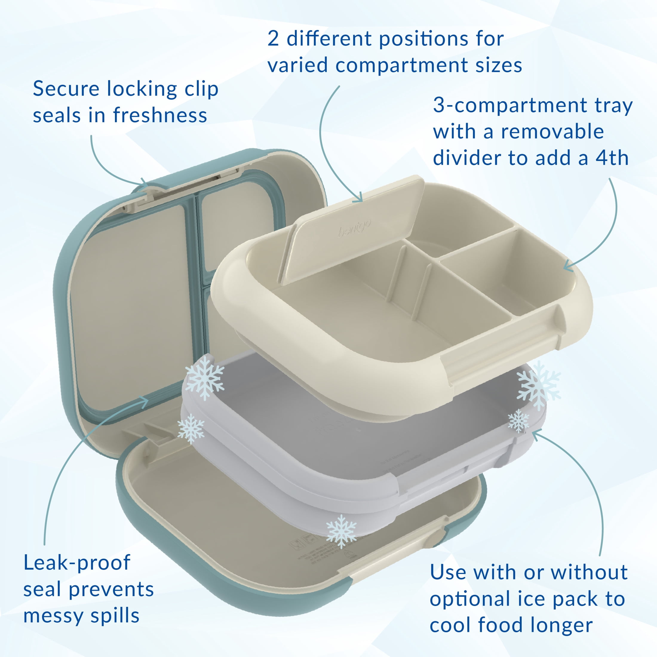 Bentgo Chill Max Leak-Proof XL Lunch Box - Included Ice Pack Keeps Food Cold; 5-Cup Capacity for Adults & Ages 8+, 3 or 4 Compartment Bento Box, BPA-Free, Dishwasher Safe (Bone & Glacier Blue)