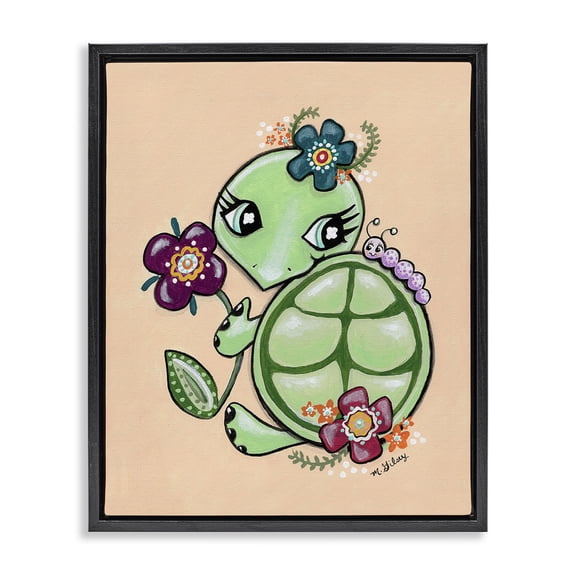 Stupell Industries Eclectic Floral Blossom Turtle Black Floating Frame Canvas Art, 17 x 21, by Michelle Gilsey