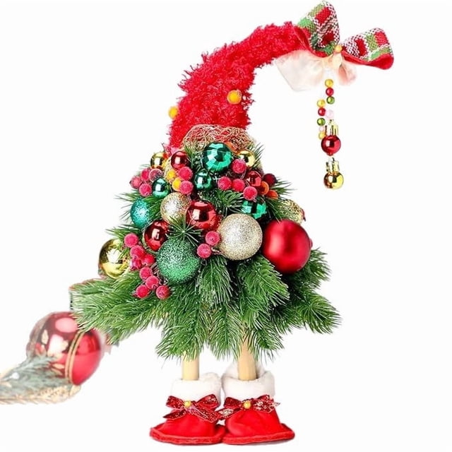 Christmas Tree Gnome Decoration 16 In Handmade Dwarf Figure With Santa Hat And Bow For Table Top Desktop Display