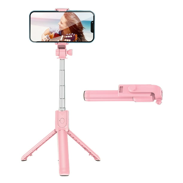 Trípode para video en vivo, palo para selfies, de acero inoxidable, telescópico, plegable, portátil, con control remoto, color rosa