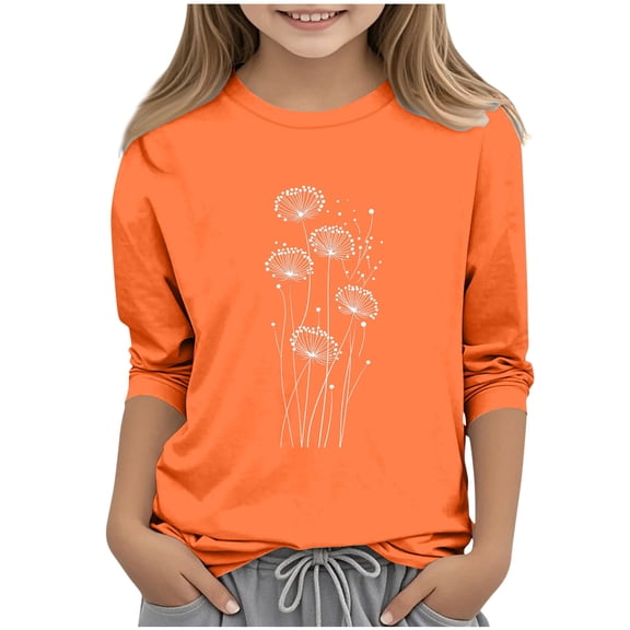 Cethrio Girls T Shirts, Casual Soft Crew Neck Summer 3/4 Sleeve Tops Orange Size 6