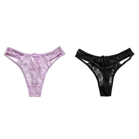 Lojoutye 2 Pack(Purple 1PCS & Black 1PCS) Multipack Women Underwear Bikini Lace Women Underwear Thongs Lace Panties Thong Stretch Ladie Brief Underwear
