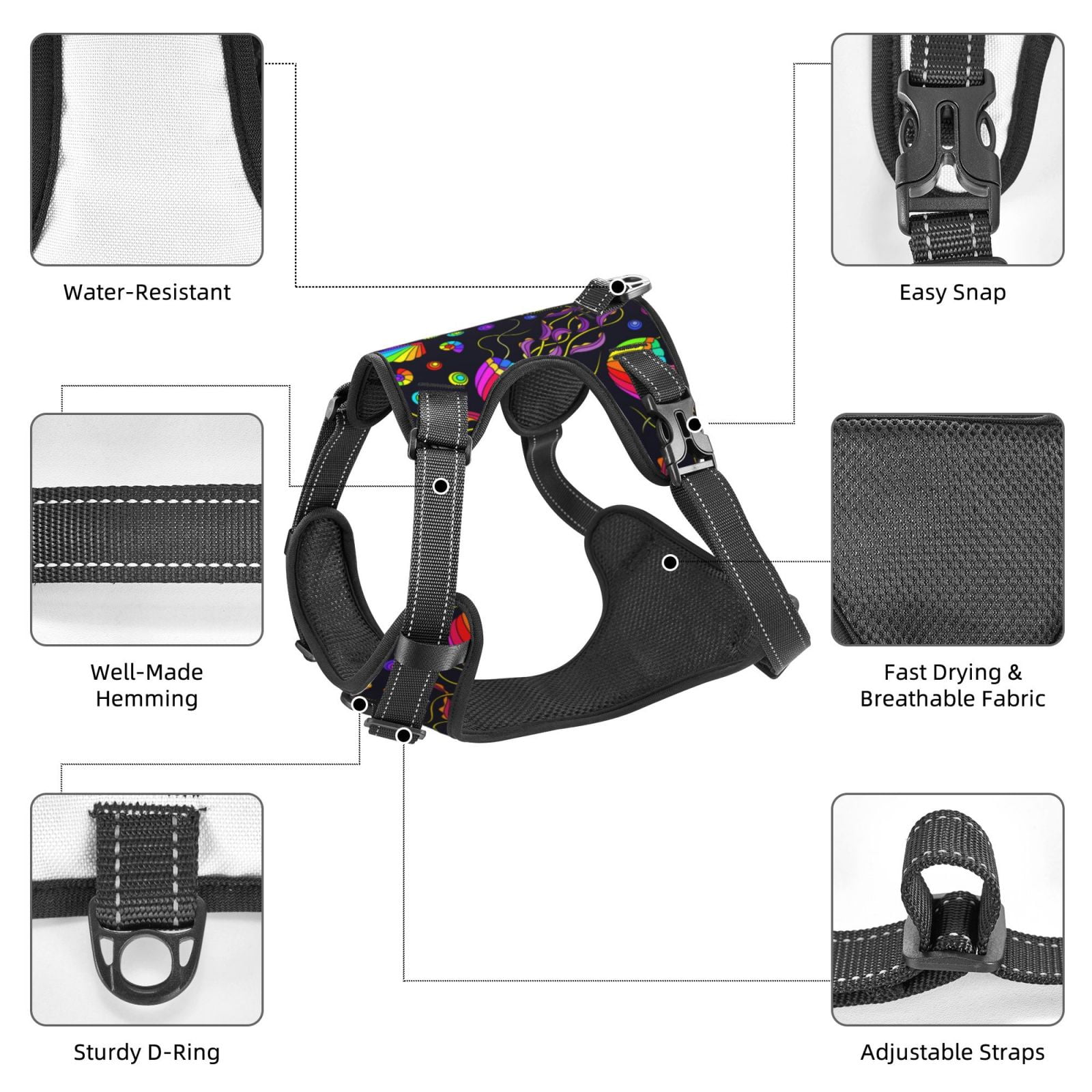Vsdgher Rainbow Jellyfishes Pattern Dog Harness,No Pull Pet Harness with Soft Padded Handle,Adjustable Reflective Vest with 2 Buckles,4 Slide Buckles,S-XL Medium