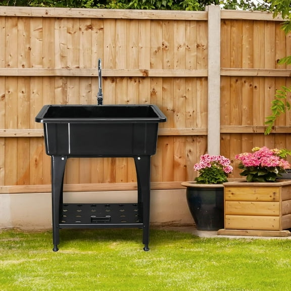 ​AOJDVE 49.6" H Black Utility Sink with Removable Drainboard & Faucet: Heavy - Duty, Ideal for Laundry Rooms, Garage, Utility Areas