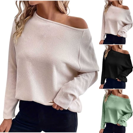 THDHVS Womens Shirts Travel Outfits for Women Womens Off Shoulder Sweatshirt Drop Shoulder Oversized Long Sleeve Pullover Top Green L