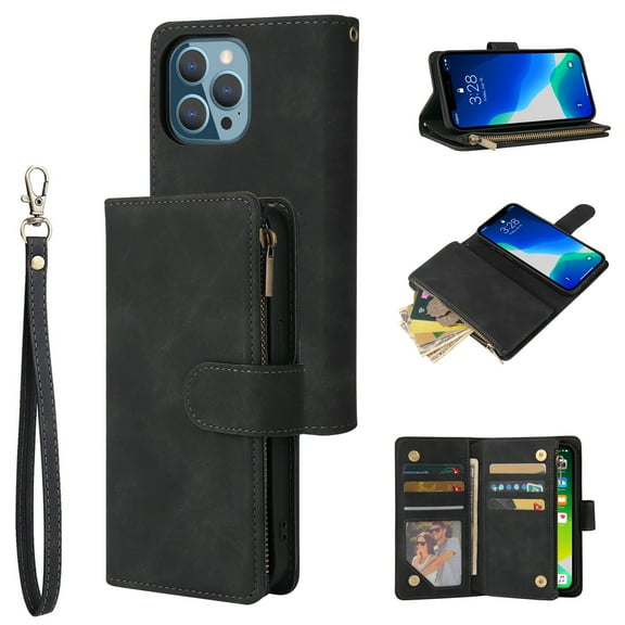 iPhone 13 Pro Max Wallet Case, Soft Leather Zipper Magnetic Buckle Horizontal Flip Cover with 5 Card Slots, Black