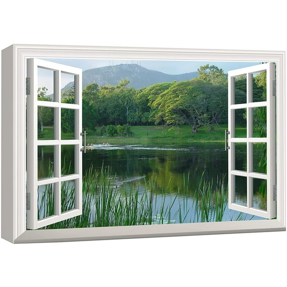 wall26 Canvas Print Wall Art Window View Forest Lake During Spring Nature Wilderness Photography Modern Art Rustic Scenic Colorful Ultra for Living Room, Bedroom, Office - 16"x24"