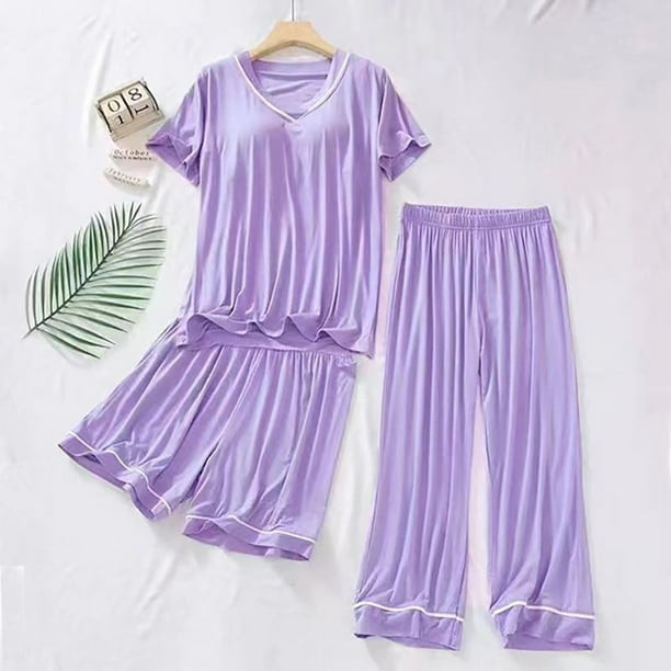 Yuyuzo Women s Pajama Set 3 Piece Sleepwear Set Shorts Sleeve Built In Bra Sleepwear And Lounge Pants Set For Women L 3xl Purple