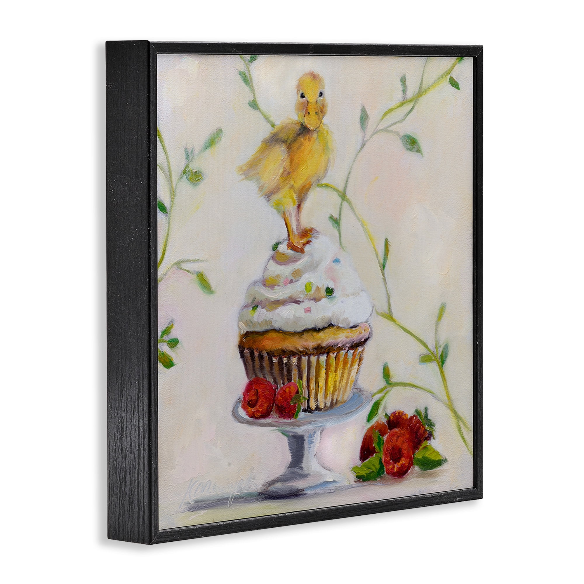 Stupell Industries Baby Duck on Raspberry Cupcake Animals & Insects Painting Black Framed Art Print Wall Art, 24 x 24