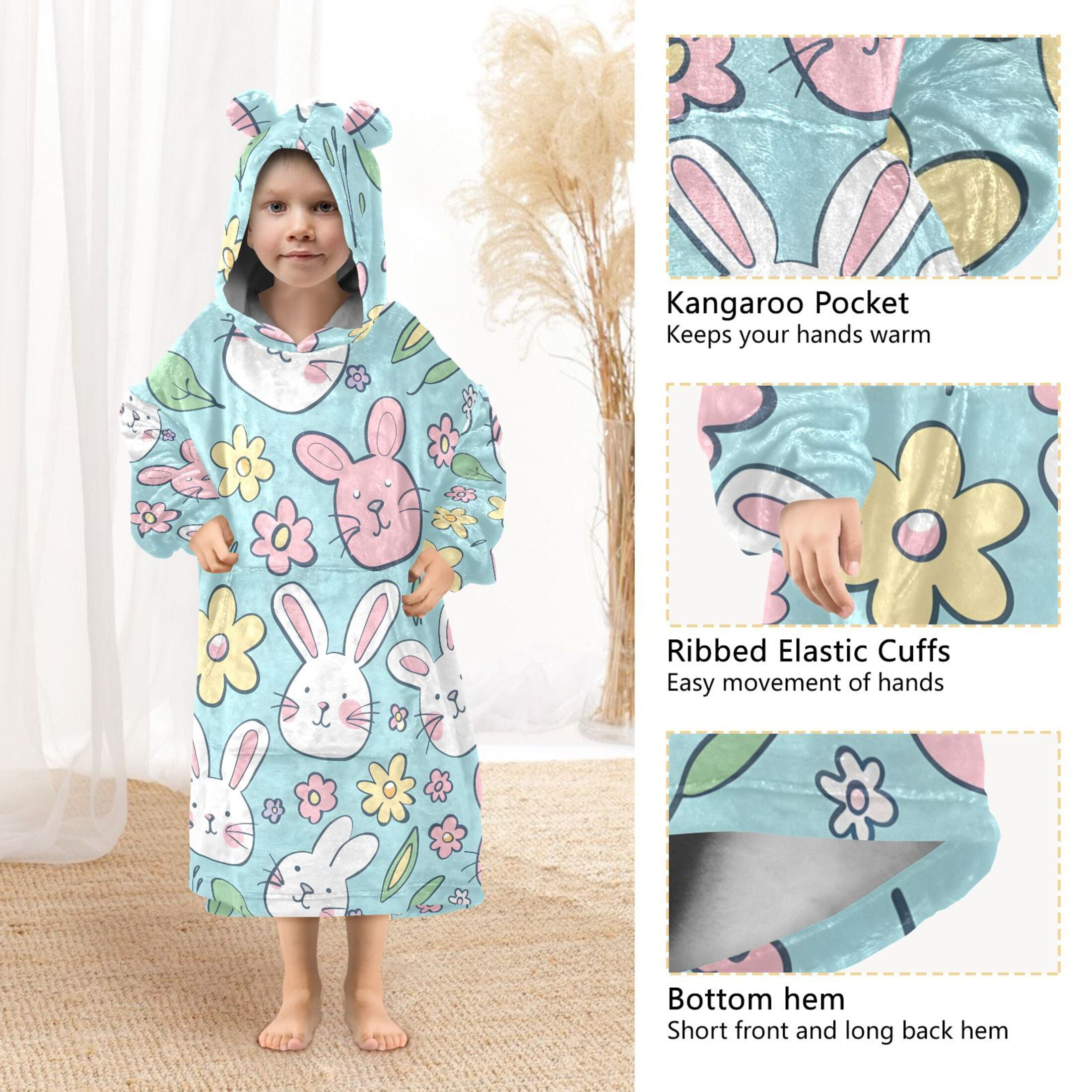 Dailycode Wearable Blanket Hoodie Oversized Sherpa Flannel Blankets with Pocket for 3-14 Year Old Bunny Rabbit and Daisy Flower