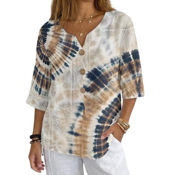 Xoenoiee Tie-dye Print Linen Shirts for Women Linen Tops V Neck 3/4 Sleeve Button Down Blouses for Women Oversized Tops for Vacation Casual Wear, 2X-Large