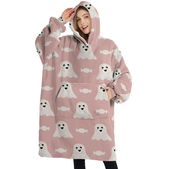 Oversized Wearable Blanket Hoodie,Cute Ghost Halloween Pattern Sherpa Blanket Hoodie with Super Pockets,Super Warm Fuzzy Pullover for Women & Men