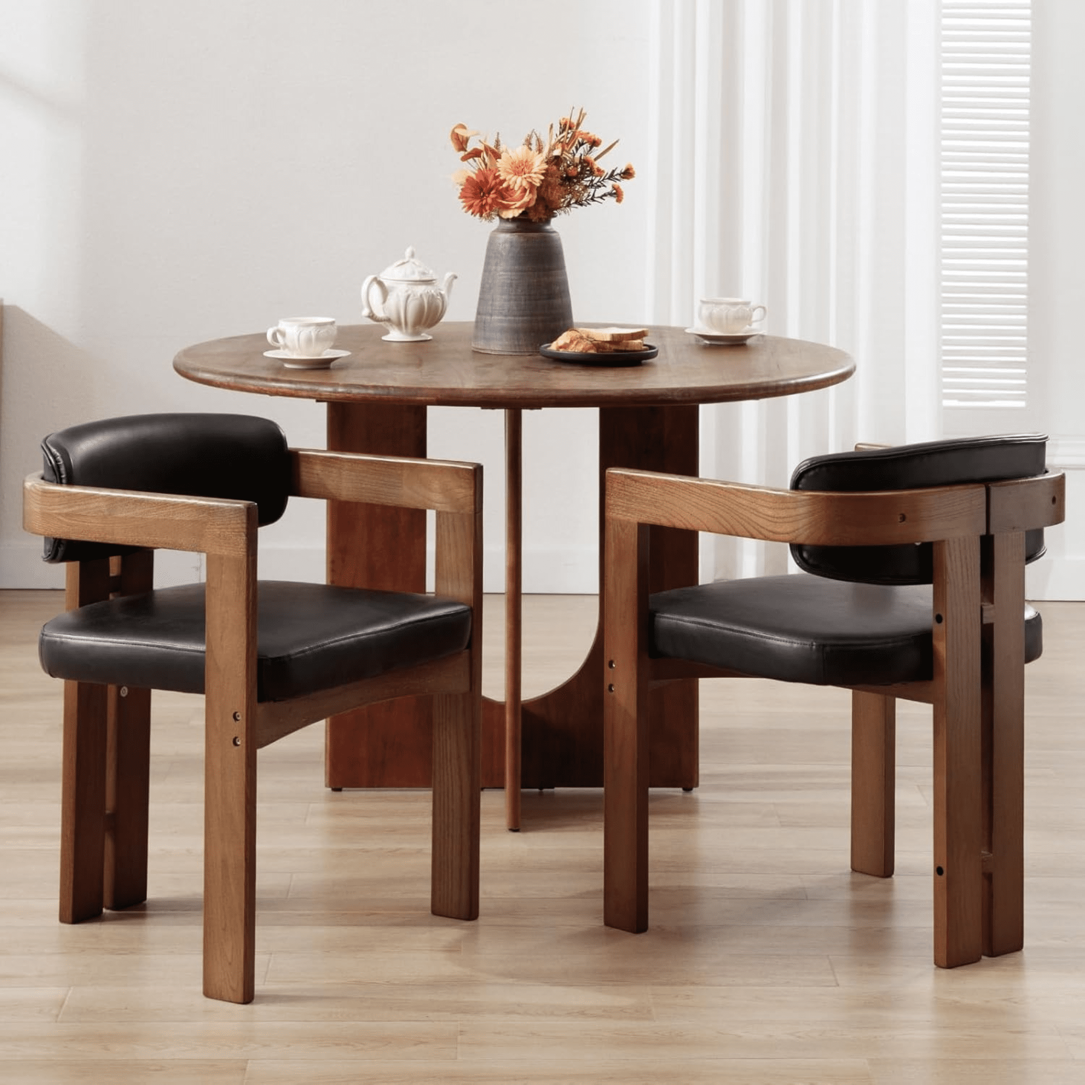 Guyou PU Leather Dining Chairs - Set of 4, 24" Wide Barrel Back Armchairs for Dining Room & Kitchen, Modern Curved Back Chairs with Black Wood Frame, Black