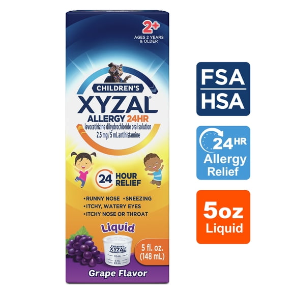 Xyzal Children's 24 Hour Allergy Relief Medicine for Kids, Levocetirizine Dihydrochloride Liquid Antihistamine, Grape, 5 Fl. oz.