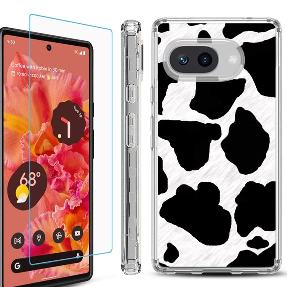 For Google Pixel 9a Phone Case Cover, Shockproof Bumper Case with Tempered Glass Screen Protector, by OneToughShield - Cow Skin Design