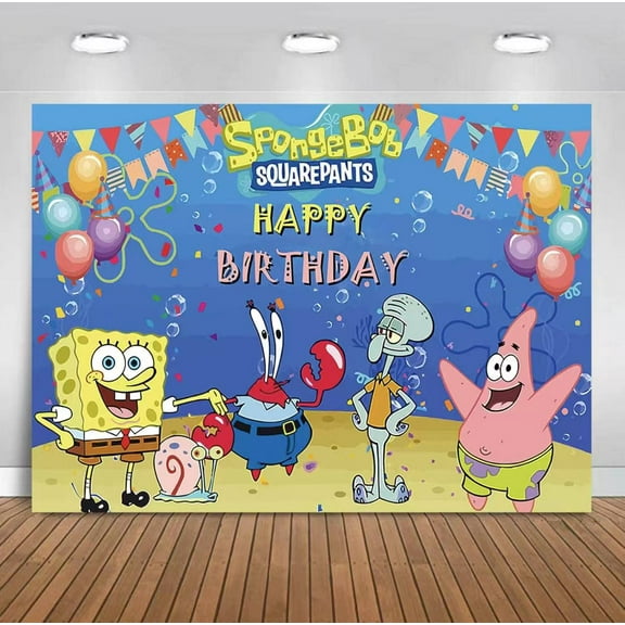 TG SpongeBob Happy Birthday Backdrop 5x3.5ft,for Children Boys Girls Birthday Party Decoration