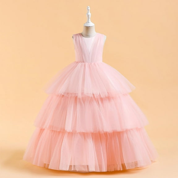 Pejock Girls Sleeveless Princess Pageant Dress - Puff Cake Skirt with Mesh Bow, Fashion Show Costume for Ages 7-14 Size 120-170