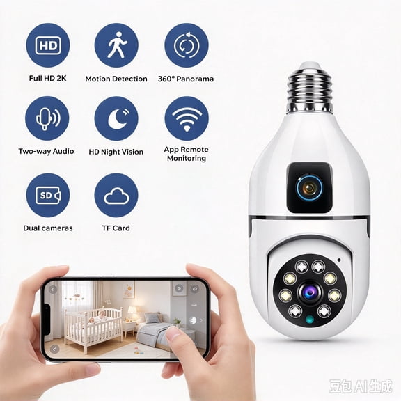 2K Light Bulb Security Camera, Dual Lens 355 ° Degree Indoor Camera with Motion Detection, Night Vision, Two-Way Audio, App Remote, TF Card