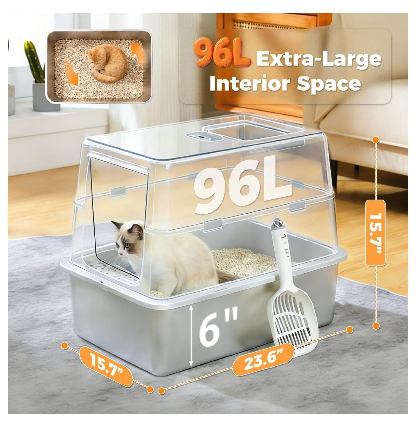Extra Large Stainless Steel Litter Box with Lid & Odor Control, 3-in-1 Cat Litter Box with High-Sided for Big Cats & Multi-Cats, Non-Stick Metal Pan, Front Entry Top Exit, Includes , Grey