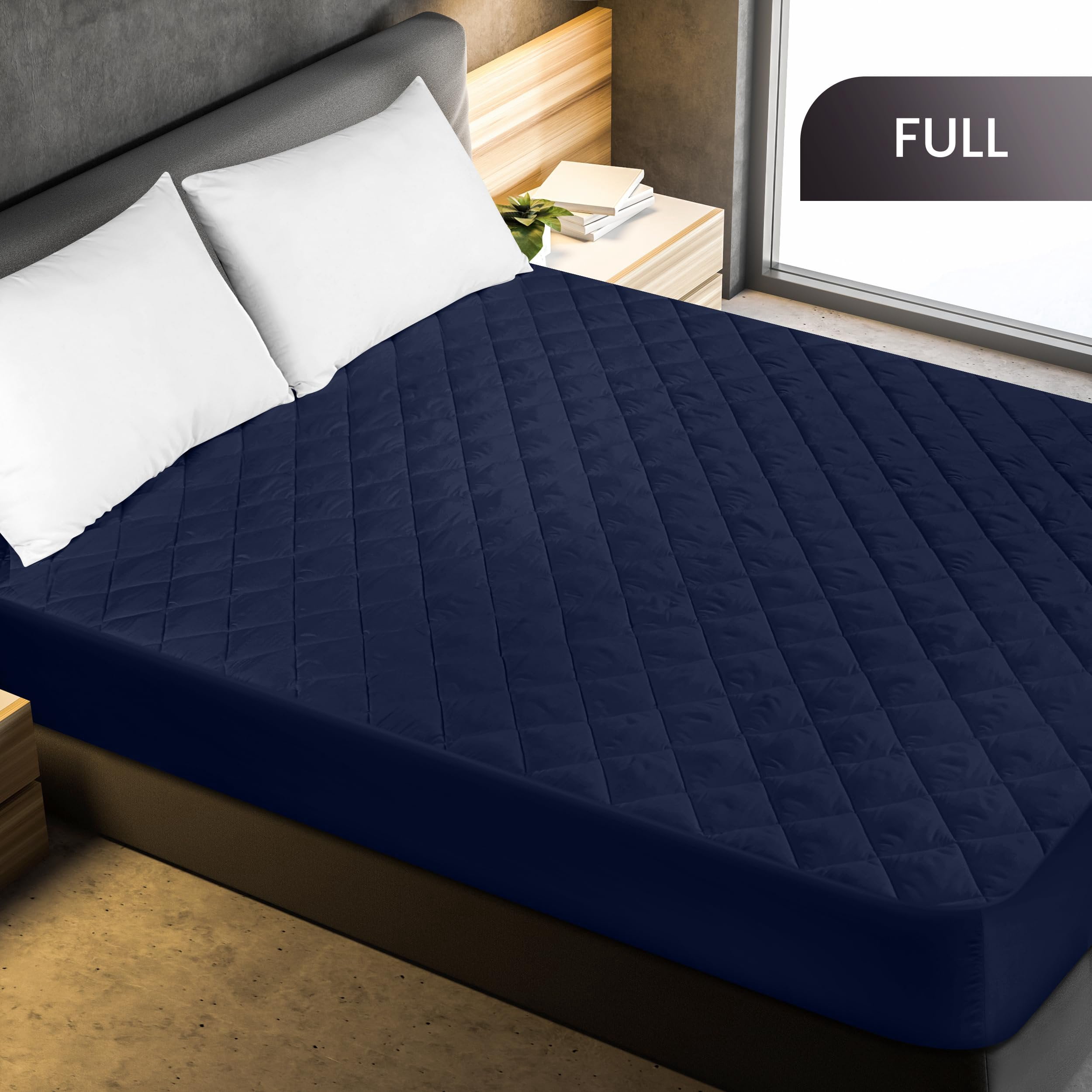 Utopia Bedding Quilted Fitted Mattress Pad, Full Size, Elastic Fitted Mattress Topper Protector and Cover with Deep Pocket Stretches up to 16 Inches, Machine Washable (Navy)