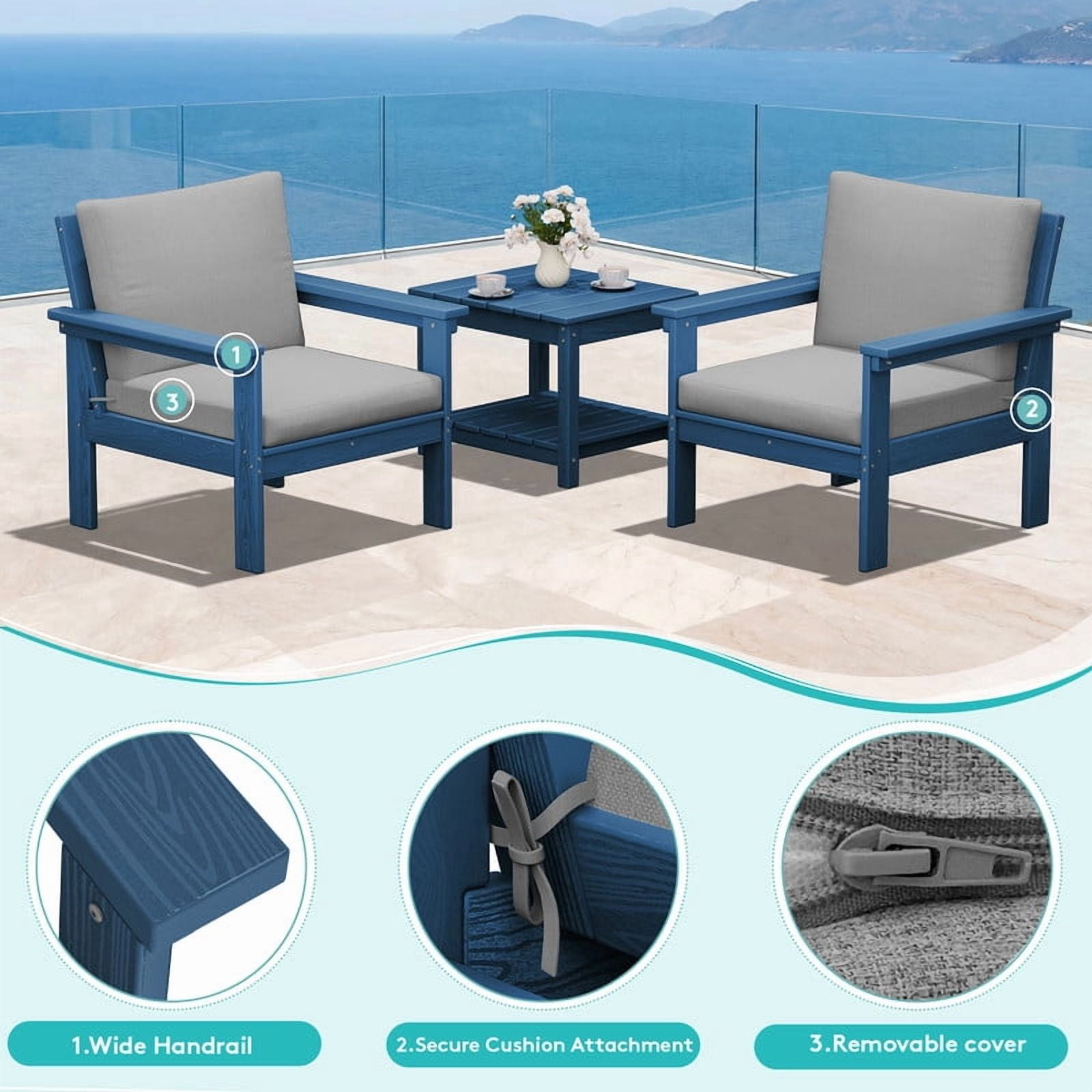 FUNDAZE Oversize 5 Pieces Patio Furniture Sets, Waterproof HDPE Frame Outdoor Conversation Sets Perfect for Patio, Poolside & Backyard, Navy Frame with Gray Cushion