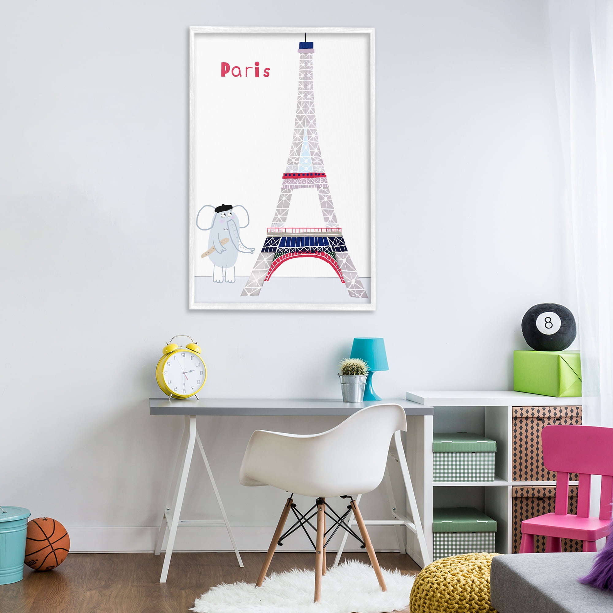 Elephant & Eiffel Tower White Framed Giclee Art, design by Carla Daly